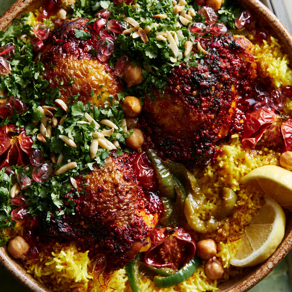 Garnished Moroccan Chicken and Rice with pomegranate arils, almonds, and cilantro in a ceramic skillet.