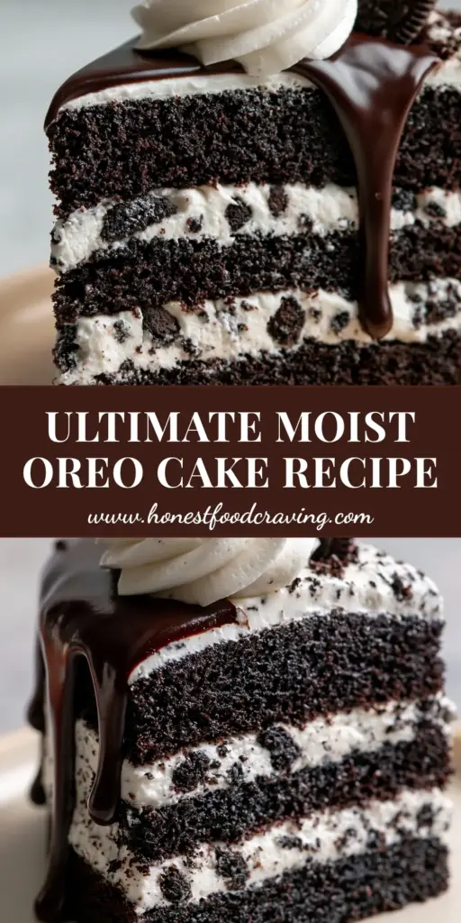 Chocolate Oreo Cake with Ultra-Moist Black Cocoa Sponge 4 A thick slice of chocolate Oreo cake with three dark layers and white frosting on a matte ceramic plate. (chocolate Oreo cake)