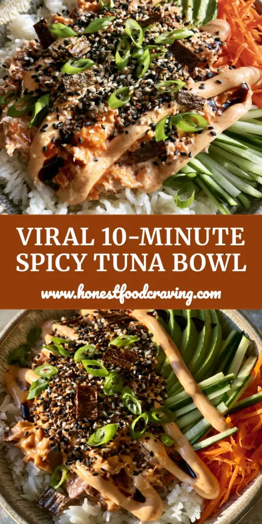 A top-down 45-degree angle shot of a vibrant spicy tuna bowl with fanned avocado and sriracha mayo zigzag on jasmine rice.