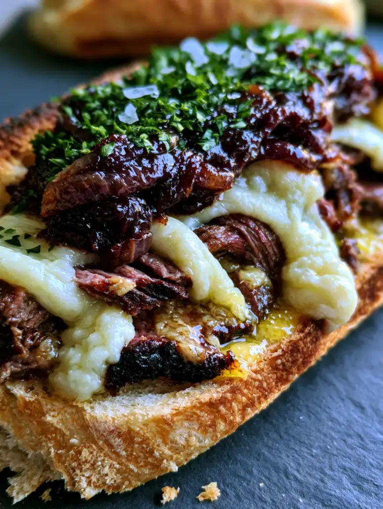 A steak sandwich topped with dark mahogany balsamic caramelized onions and emerald green parsley. (steak sandwich recipe)