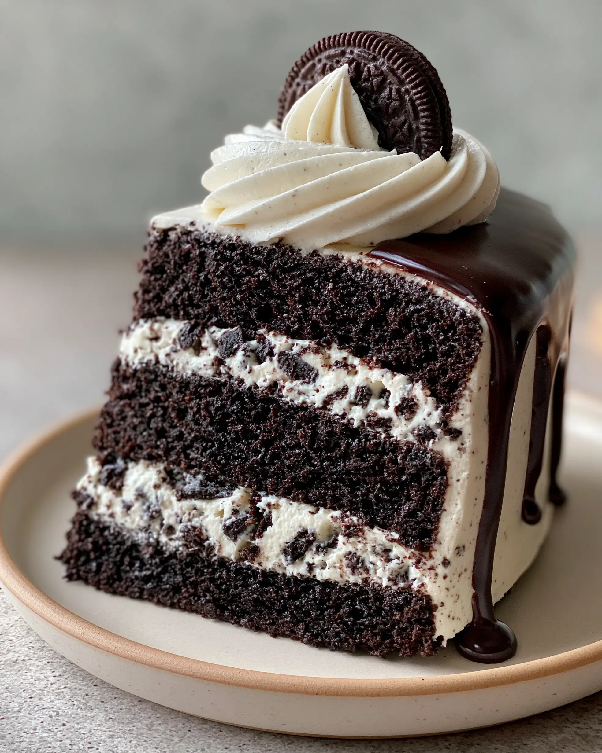 Chocolate Oreo Cake with Ultra-Moist Black Cocoa Sponge 3 Close-up of a chocolate Oreo cake slice showing the tight, tender crumb and cookie-filled buttercream. (chocolate Oreo cake)