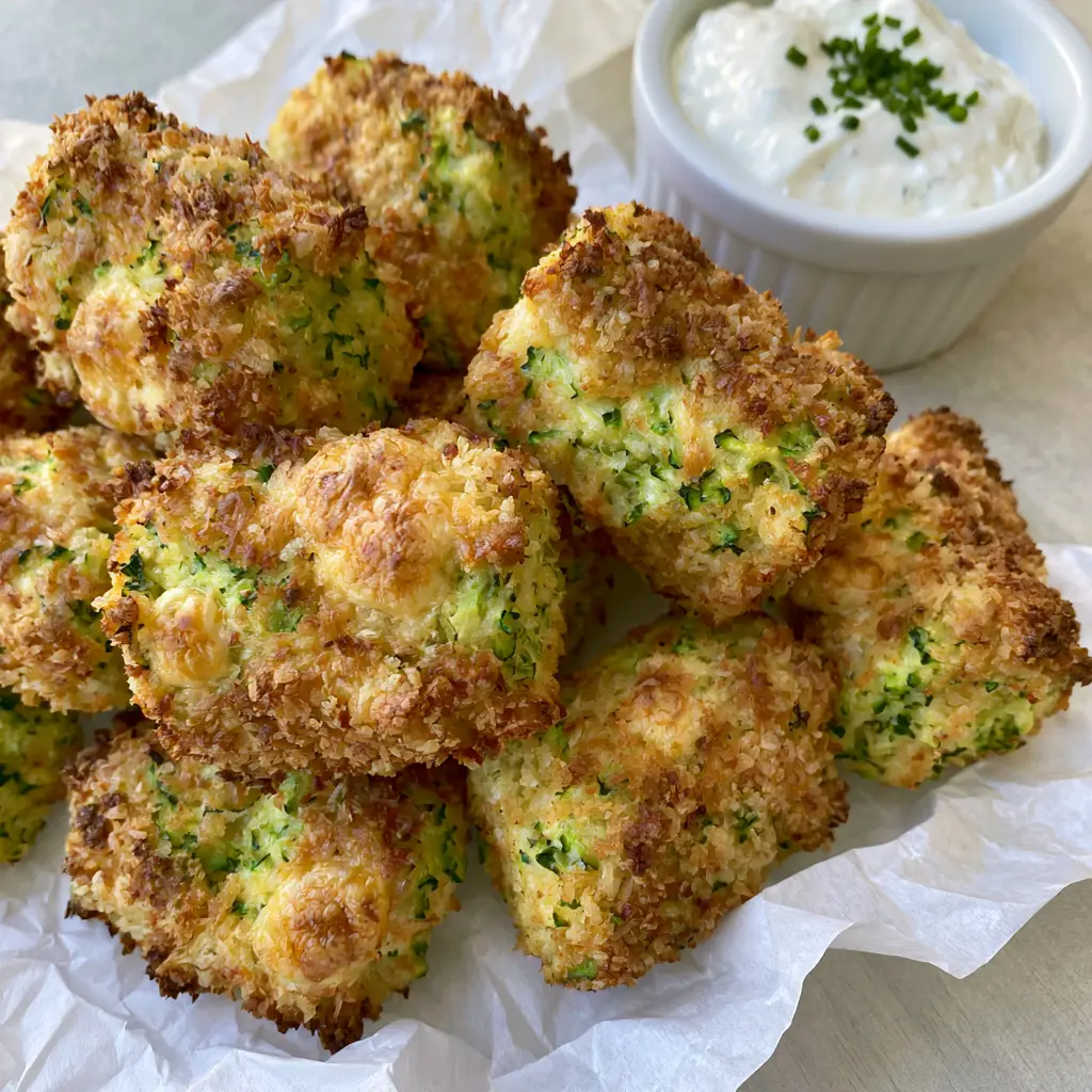 Zucchini Tots: The Ultimate Crispy Baked Parmesan Appetizer 1 A pile of crispy zucchini tots on crumpled parchment paper with a side of creamy ranch. (zucchini tots)