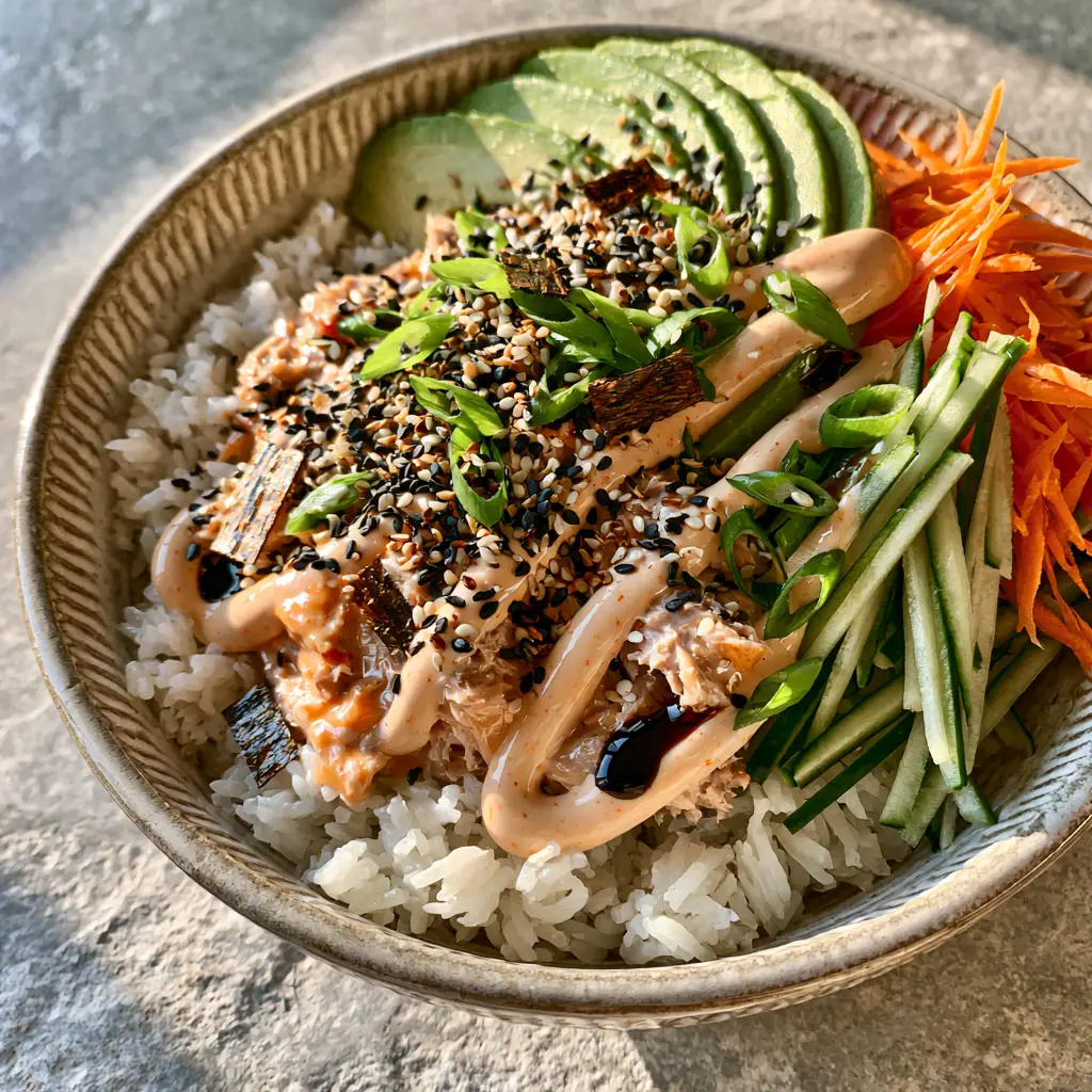 Detailed view of steaming jasmine rice topped with sriracha mayo drizzle and nori strips in a ceramic bowl.