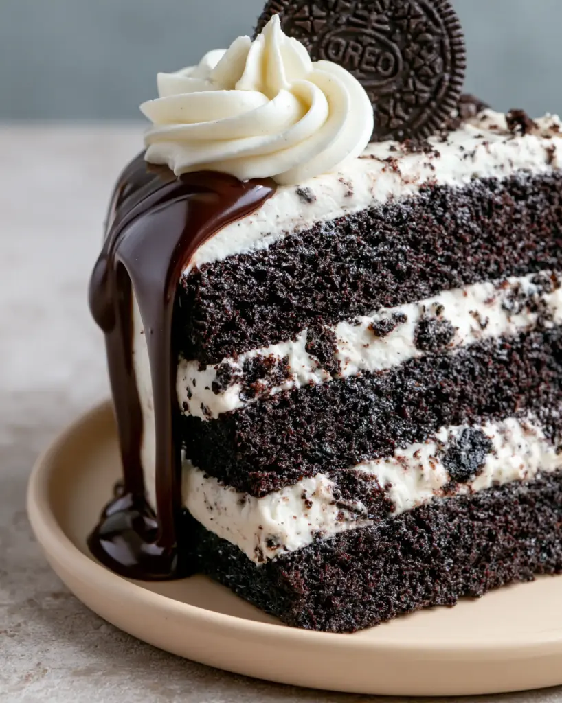 Chocolate Oreo Cake with Ultra-Moist Black Cocoa Sponge 1 Eye-level shot of a three-layer chocolate Oreo cake with glossy ganache drip on a light stone countertop.