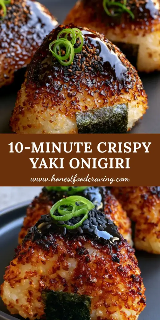 Three triangular Yaki Onigiri rice balls with a glistening miso glaze and toasted crust on a black plate. (Yaki Onigiri)