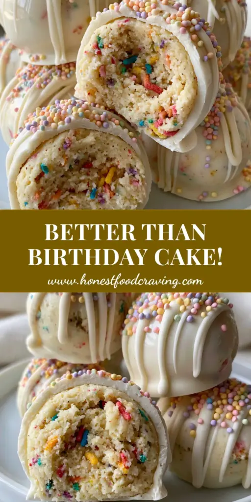 A stack of gourmet funfetti cake batter truffles on a white platter, showcasing the glossy white coating and sprinkles. (Birthday Dessert Ideas)