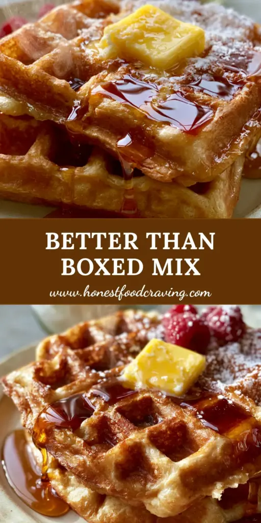 A stack of crispy golden-brown Belgian waffles with melting butter and maple syrup. (waffle mix recipe)