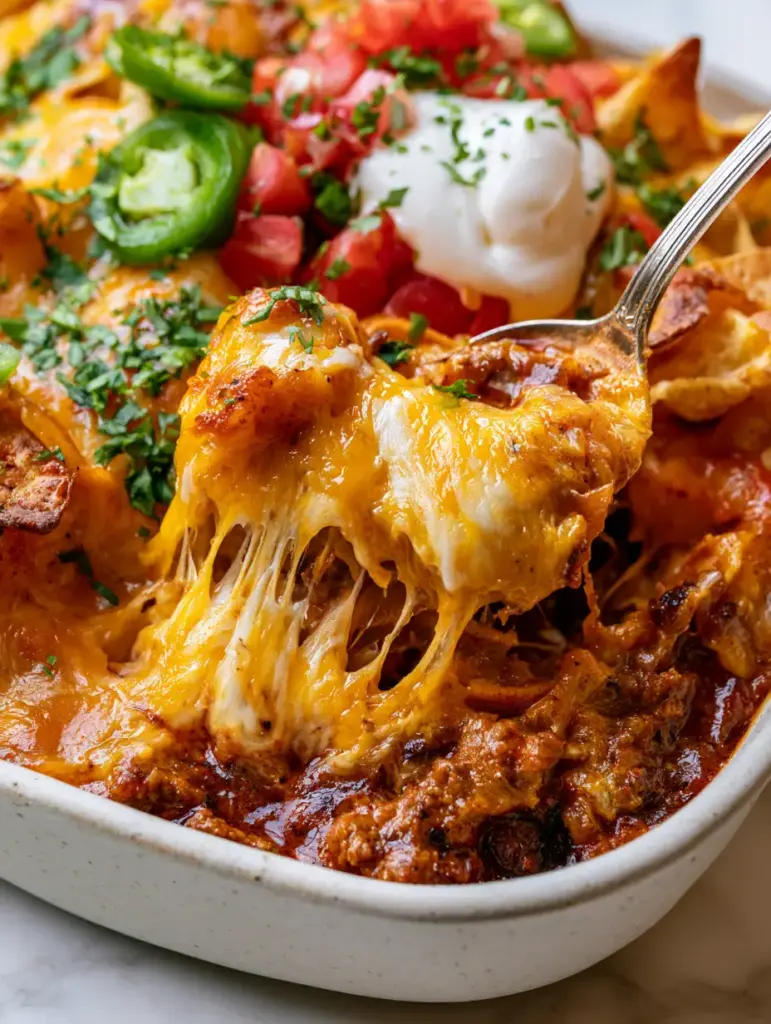 Golden corn chips topped with fresh diced tomatoes and jalapeños on a taco casserole recipe dish.
