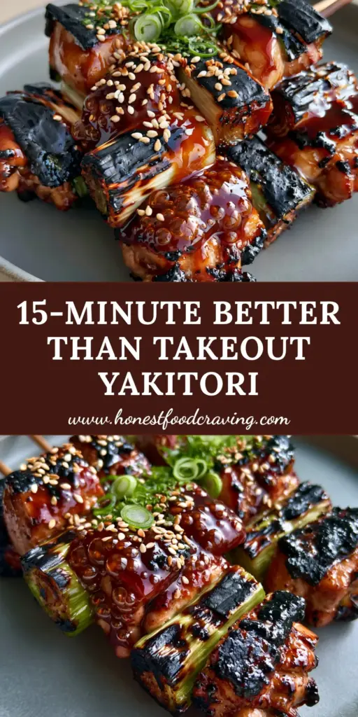 Five Japanese Chicken Yakitori skewers on a grey plate with mahogany glaze, charred scallions, and sesame seeds.