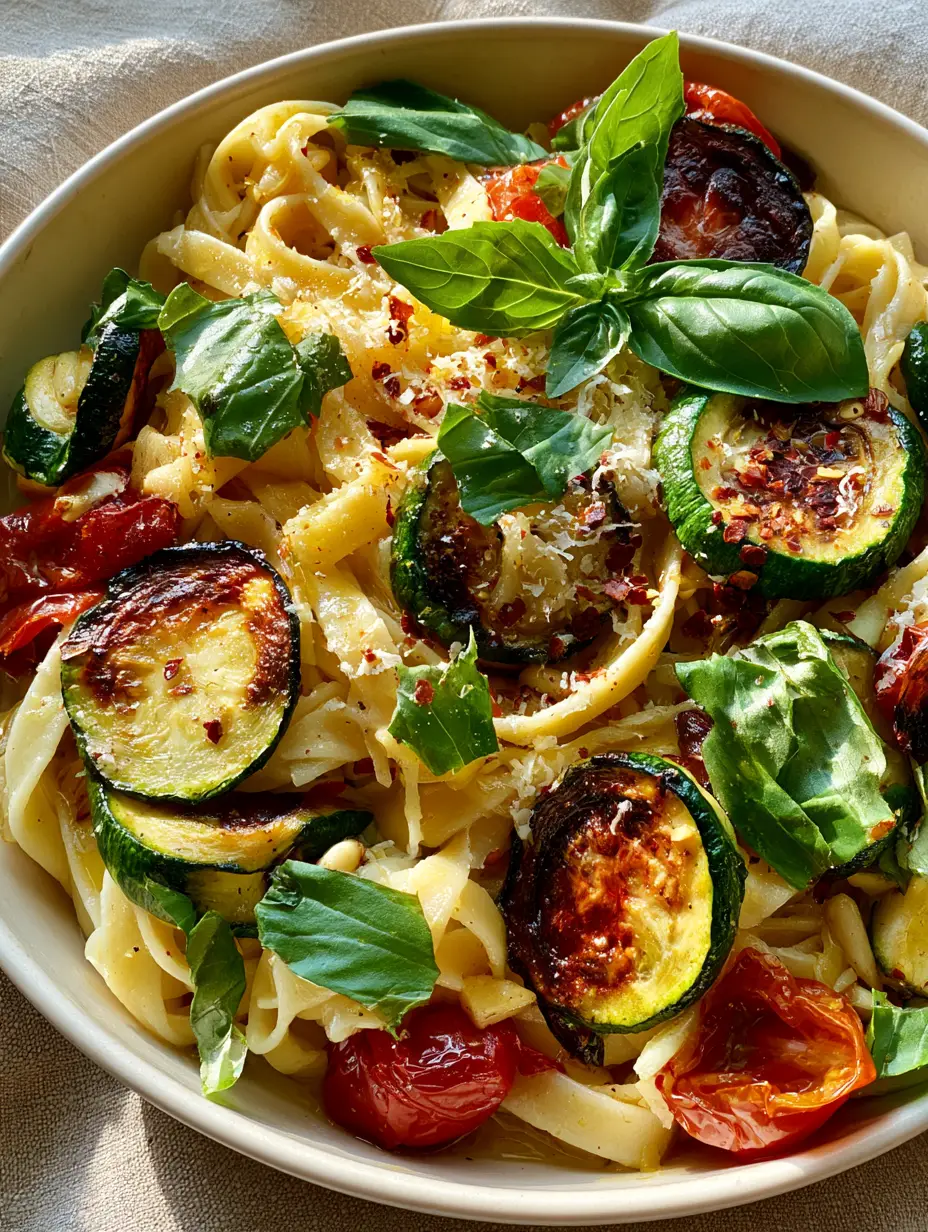 Handheld photo of Tomato zucchini pasta featuring deep golden-brown charred zucchini rounds and shiny blistered tomatoes.