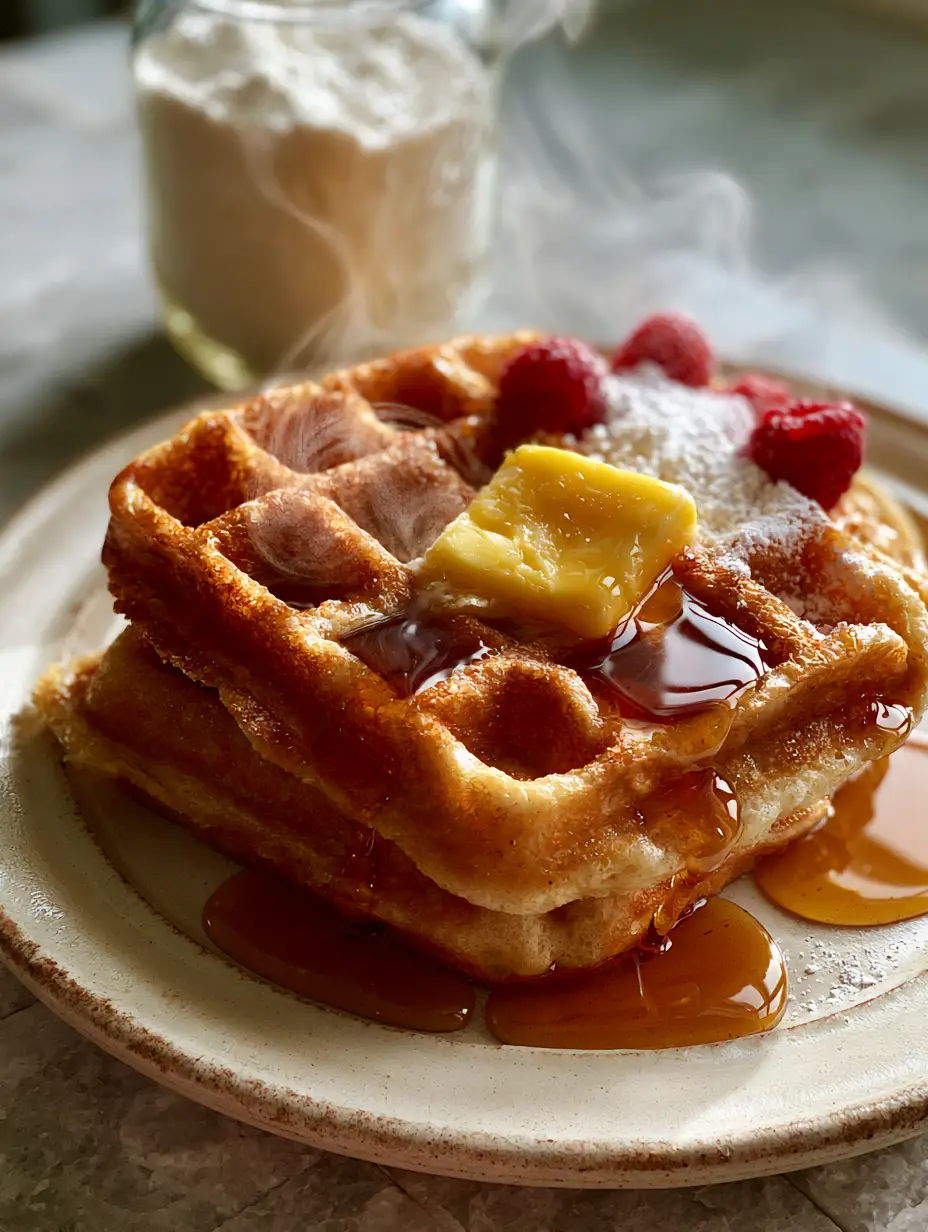 High-angle shot of two thick Belgian waffles with steam rising, butter, and syrup. (waffle mix recipe)