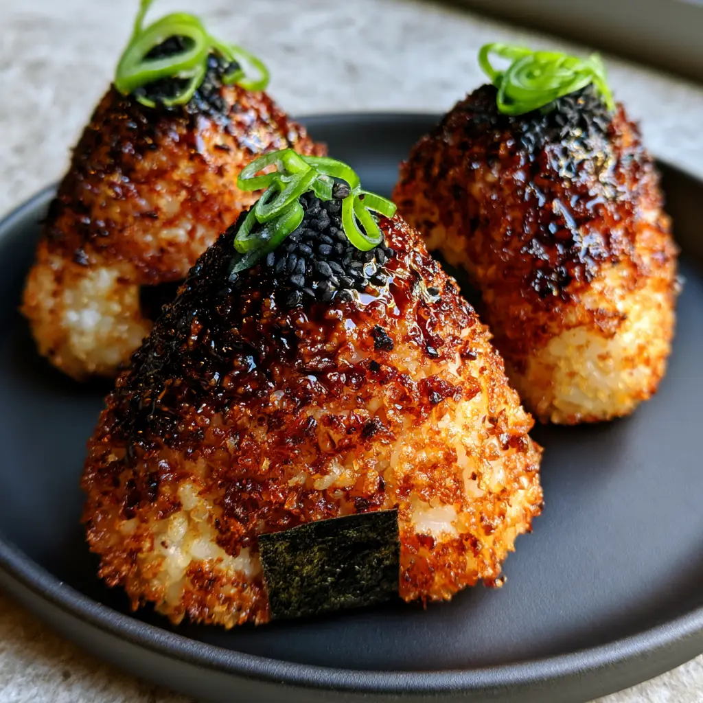 Trio of Yaki Onigiri arranged on a minimalist black plate with green scallion garnish.