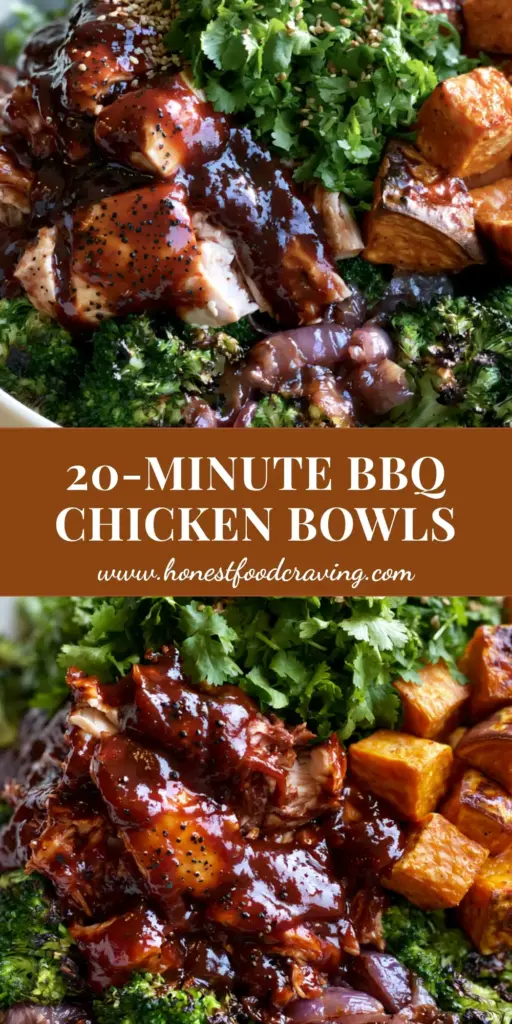 A minimalist white bowl filled with shredded mahogany BBQ chicken, caramelized sweet potato cubes, and charred broccoli florets on a light wood background. (BBQ chicken sweet potato bowl)