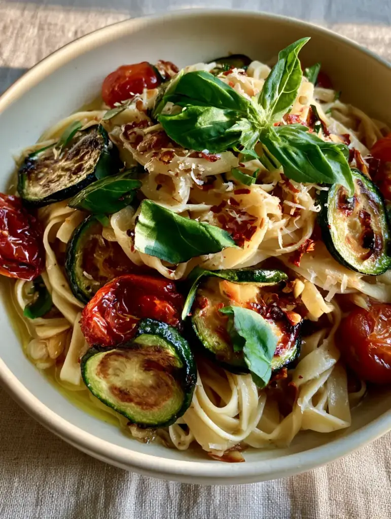 A glistening emulsion of olive oil and garlic slivers coating fettuccine and charred vegetables.
