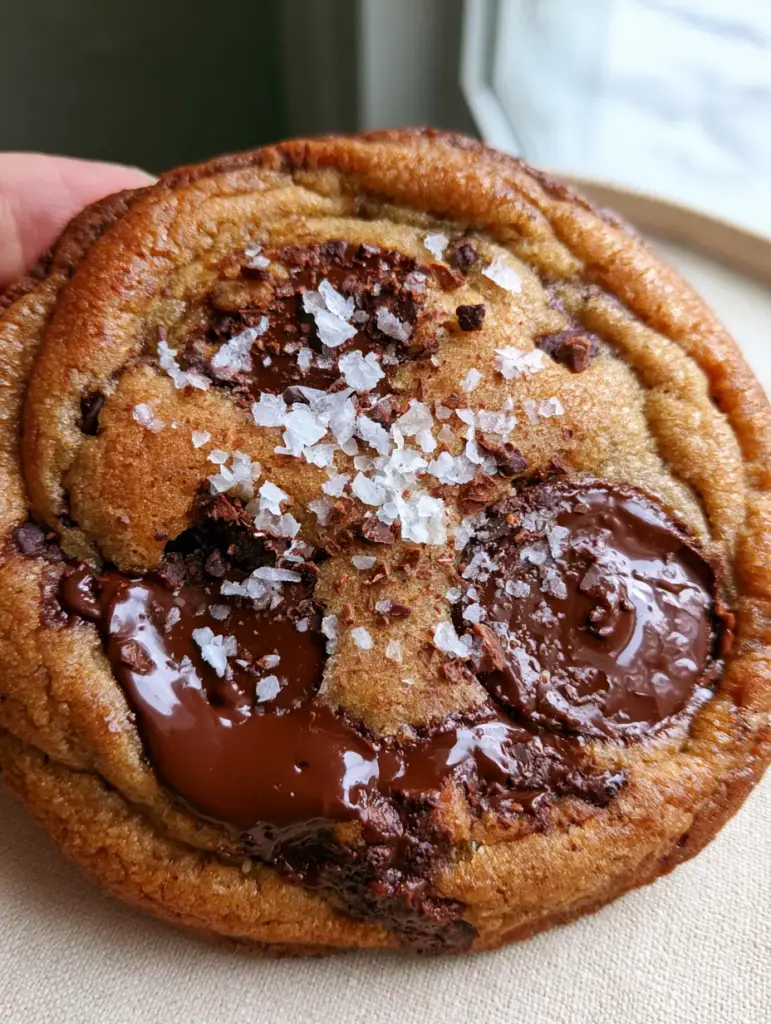 A thick, chewy cookie resting on white linen with Maldon sea salt flakes.