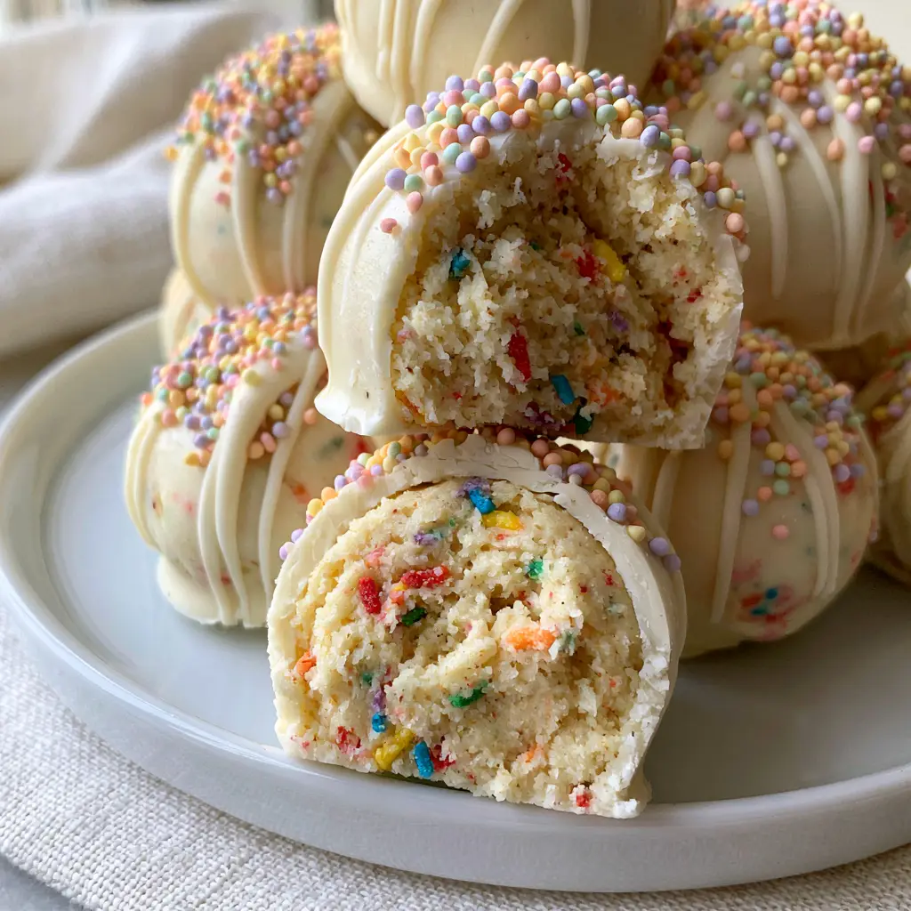 Detail shot of the glossy white chocolate coating and pastel rainbow nonpareils on gourmet truffles.