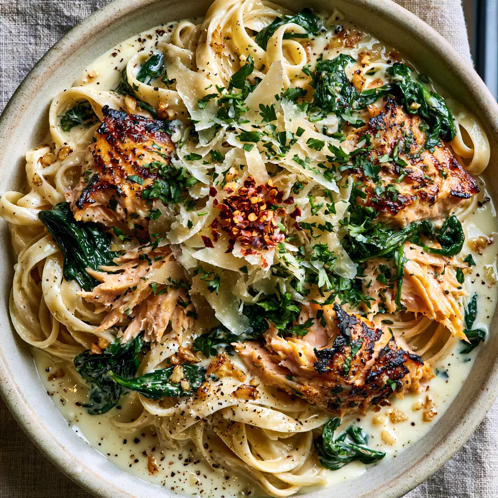 Top-down view of a ceramic bowl filled with Spinach Salmon Pasta topped with translucent parmesan shavings and chili flakes.