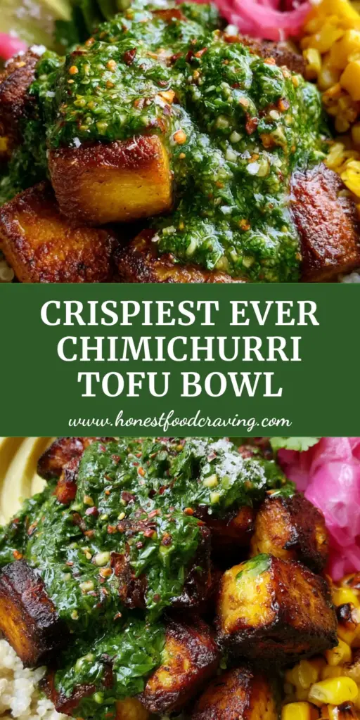 A macro close-up of a Vegan Chimichurri Tofu Bowl with crispy tofu, emerald sauce, and bright pink pickled onions in a ceramic bowl.