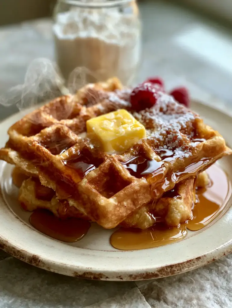 A close up of waffle crevices filled with amber maple syrup and red raspberries. (waffle mix recipe)