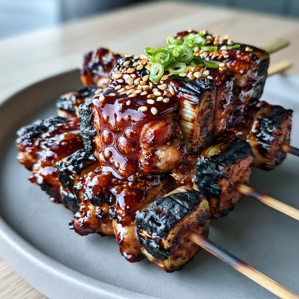 Close up of grilled chicken thigh chunks and charred scallions on bamboo skewers drizzled with glossy dark sauce.