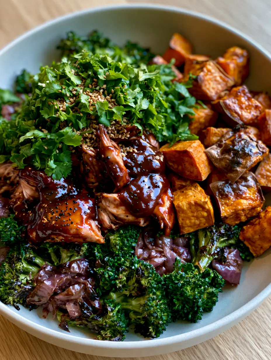 Close up of shredded chicken breast coated in a thick mahogany BBQ sauce with visible black pepper specks next to golden sweet potatoes. (BBQ chicken sweet potato bowl)