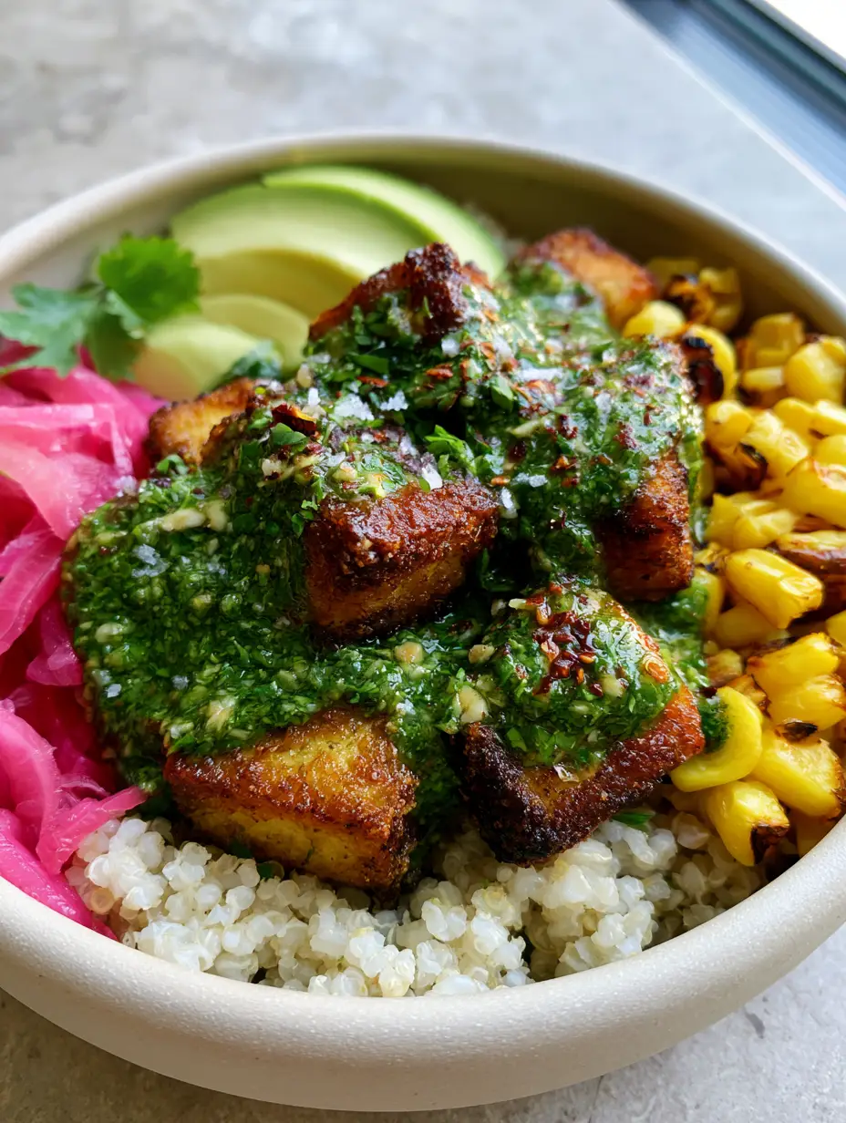 Macro 45-degree shot of seared tofu cubes with craggy edges and vibrant green chimichurri sauce. (Vegan Chimichurri Tofu Bowl)