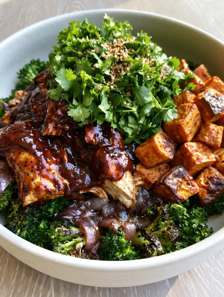 Top down view of a meal prep bowl with vibrant charred broccoli, translucent onions, and toasted sesame seeds. (BBQ chicken sweet potato bowl)
