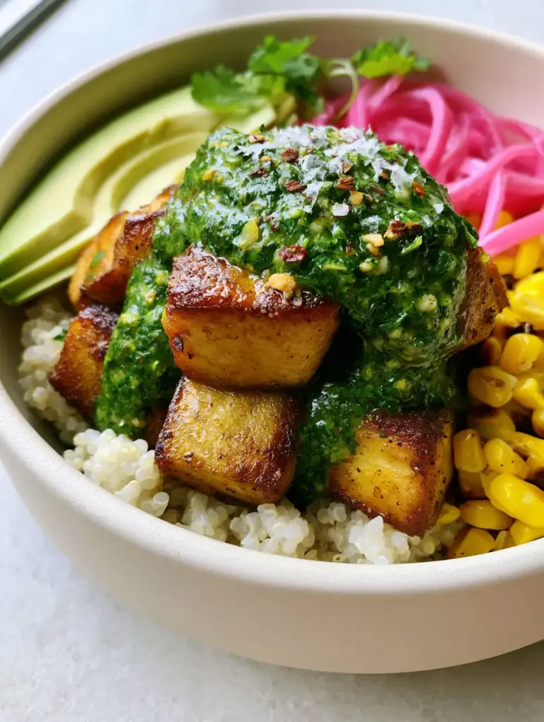 A vibrant Buddha bowl with charred corn, avocado slices, and pickled red onions. (Vegan Chimichurri Tofu Bowl)
