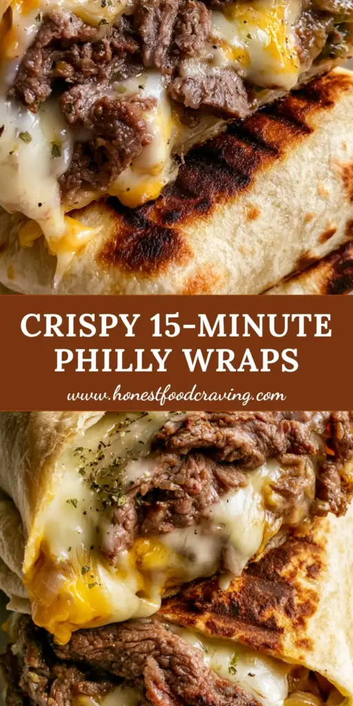 A stack of two Philly cheesesteak grilled wraps sliced diagonally to reveal juicy ribeye and melted cheese. (philly cheesesteak grilled wraps)
