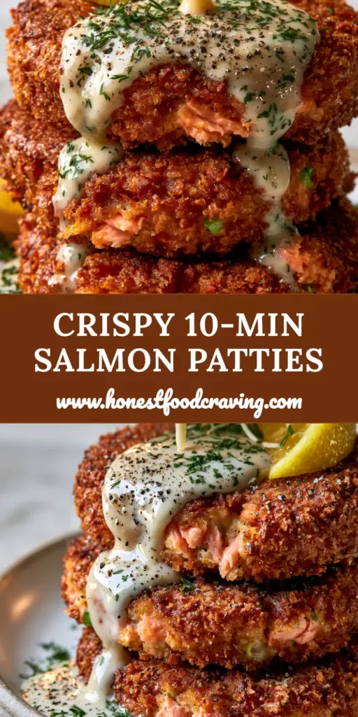 A vertical stack of three ultra-crispy panko salmon cakes being drizzled with a creamy dill sauce. (canned salmon recipes)