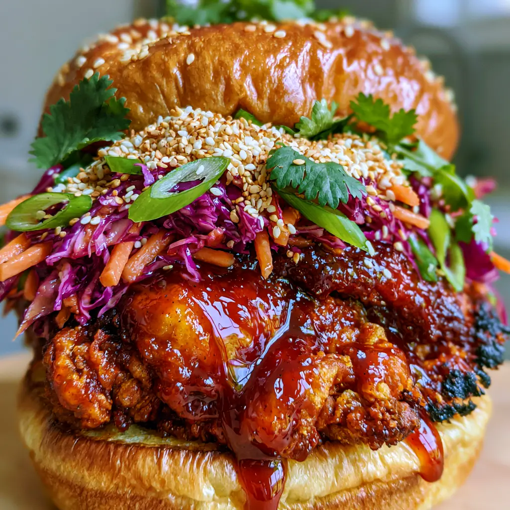 Korean BBQ Chicken Sandwich with Gochujang Glaze and Kimchi Slaw 2 Extreme close-up of a Korean BBQ Chicken Sandwich showing the ultra-crispy chicken crags and dripping red Gochujang glaze.