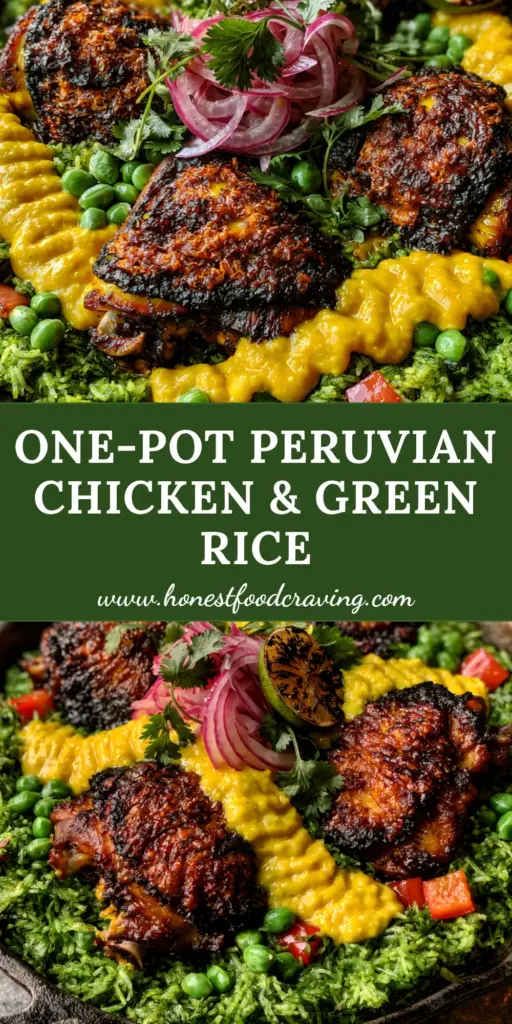 A rustic cast iron skillet filled with Peruvian chicken and rice, featuring golden crispy chicken thighs over vibrant emerald-green cilantro rice with red onion curls. (Peruvian chicken and rice)