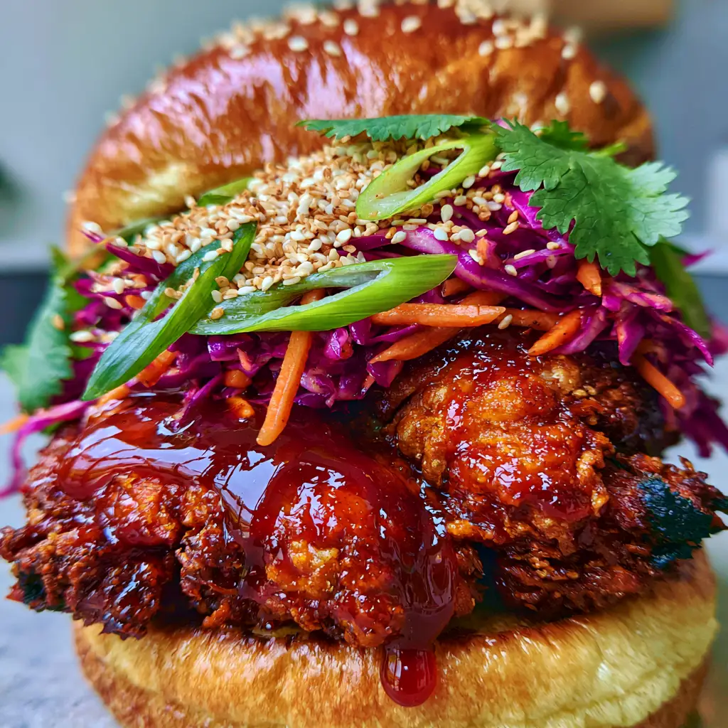 Korean BBQ Chicken Sandwich with Gochujang Glaze and Kimchi Slaw 1 A handheld smartphone photo of a Korean BBQ Chicken Sandwich with vibrant purple slaw and fresh cilantro garnish.
