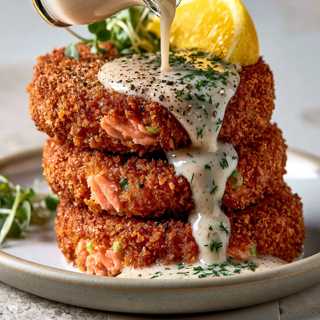 A glossy white lemon-garlic sauce being drizzled over crispy salmon cakes with fresh dill and micro-greens garnish.