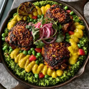 Top-down view of Peruvian chicken and rice in a cast iron pan with zigzag Aji Amarillo sauce and charred lime. (Peruvian chicken and rice)