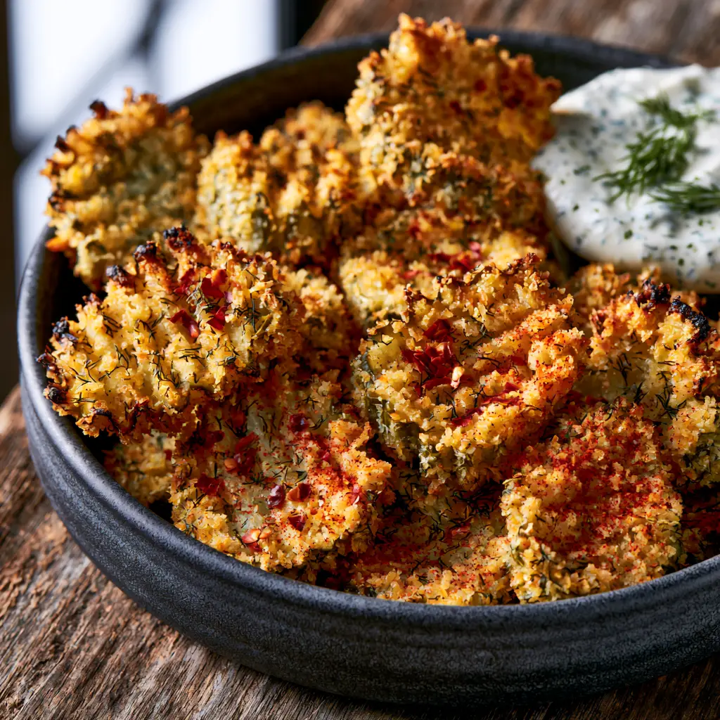 Spicy dill pickle chips plated on a rustic wooden surface with a side of creamy ranch dressing.