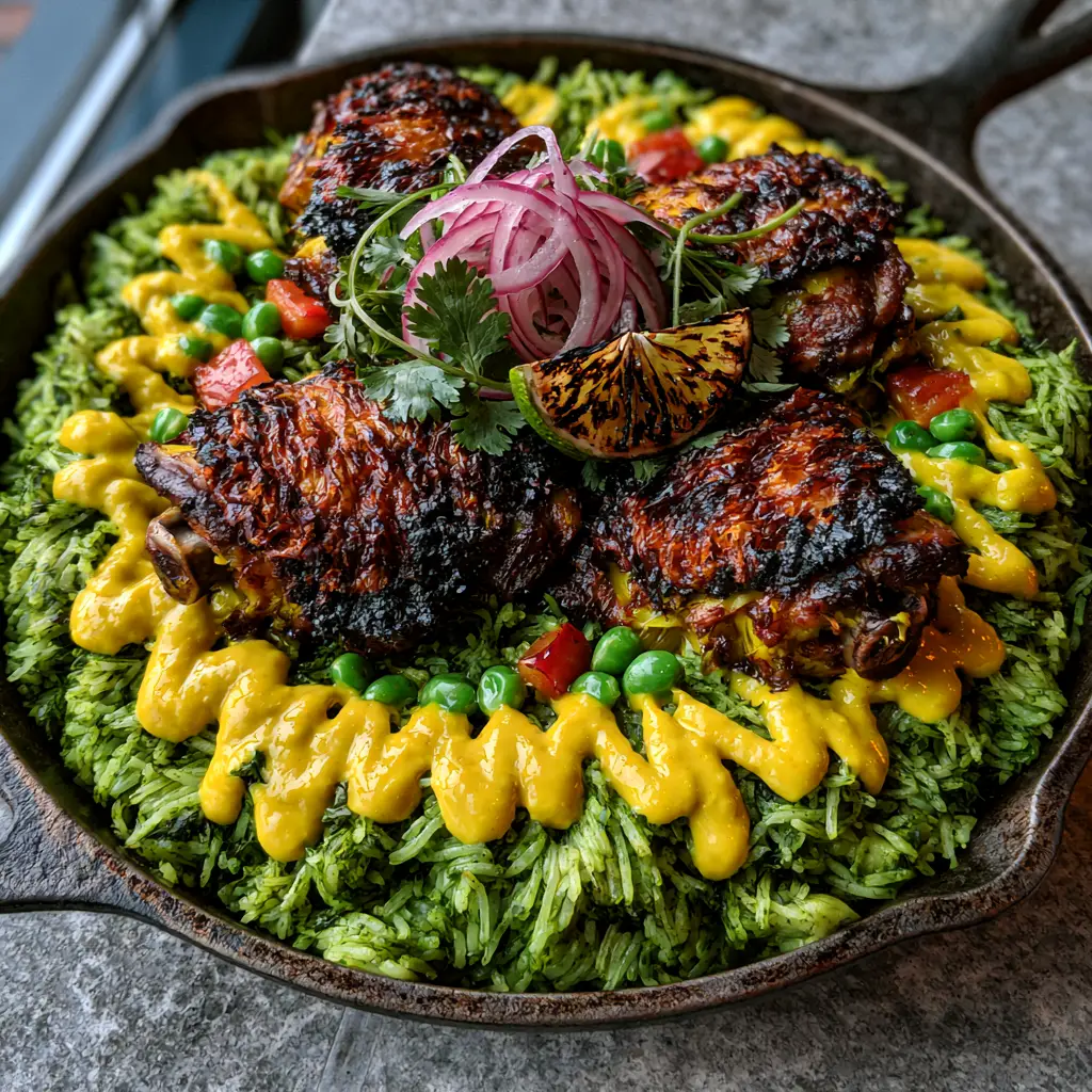 Close up of deeply seared crispy chicken skin on a bed of green rice with peas and red peppers. (Peruvian chicken and rice)