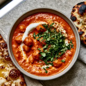 Top-down view of velvety orange-red makhani sauce with chickpeas and an artistic cream swirl. (Indian dinner recipes)