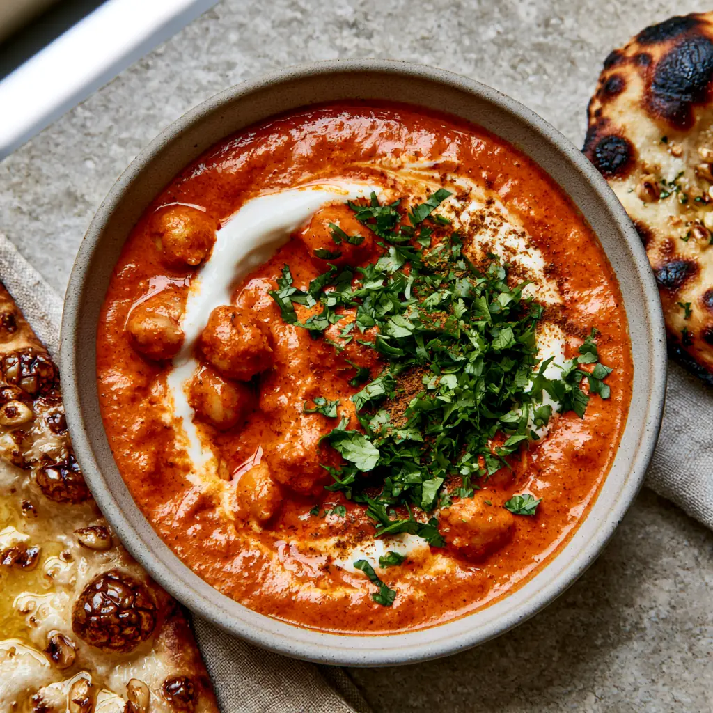 Indian Dinner Recipes: The Ultimate Velvety Marry Me Butter Chickpeas 2 Top-down view of velvety orange-red makhani sauce with chickpeas and an artistic cream swirl. (Indian dinner recipes)