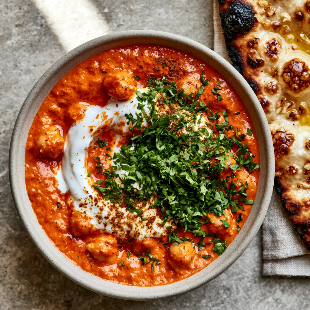Indian Dinner Recipes: The Ultimate Velvety Marry Me Butter Chickpeas 1 Modern matte ceramic bowl filled with chickpeas and topped with cilantro and toasted garam masala. (Indian dinner recipes)