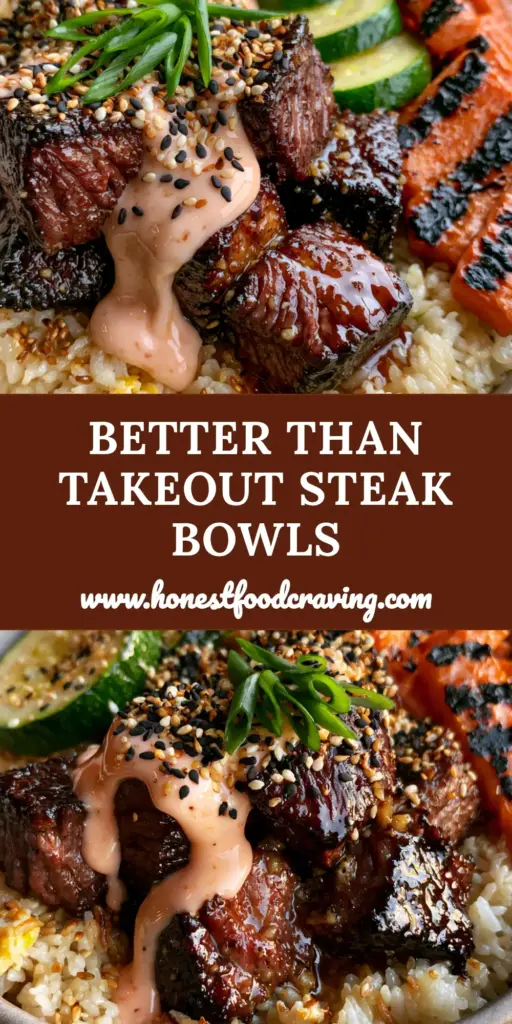 A close-up Hibachi Steak Bowl with seared sirloin cubes, charred zucchini, and golden fried rice drizzled with pink Yum Yum sauce. (Hibachi Steak Bowls)