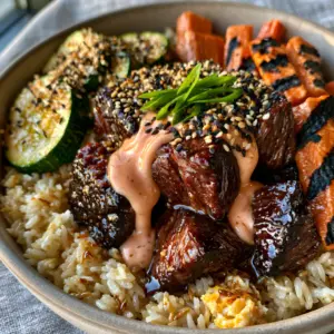 Detailed view of seared steak cubes and blistered carrots in a matte ceramic bowl. (Hibachi Steak Bowls)