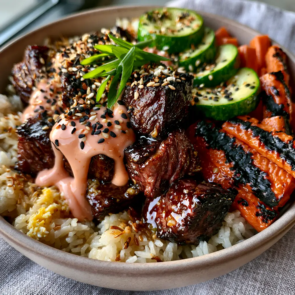 Hibachi Steak Bowl showcasing golden garlic fried rice and scrambled egg bits. (Hibachi Steak Bowls)