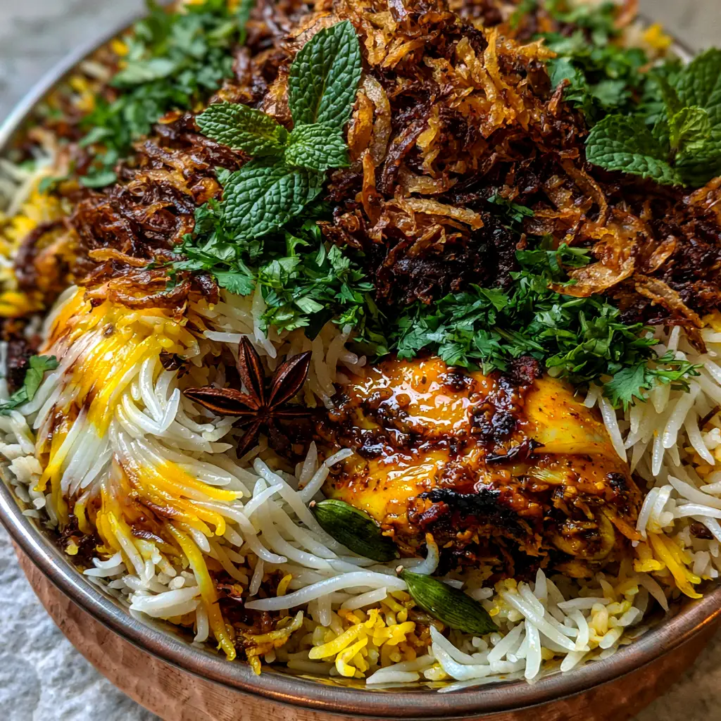Hyderabadi Biryani: An Authentic Chicken Dum Recipe for Visual Perfection 2 Extreme macro of Hyderabadi Biryani rice grains with saffron yellow marbling and crispy fried onions. (Hyderabadi Biryani)