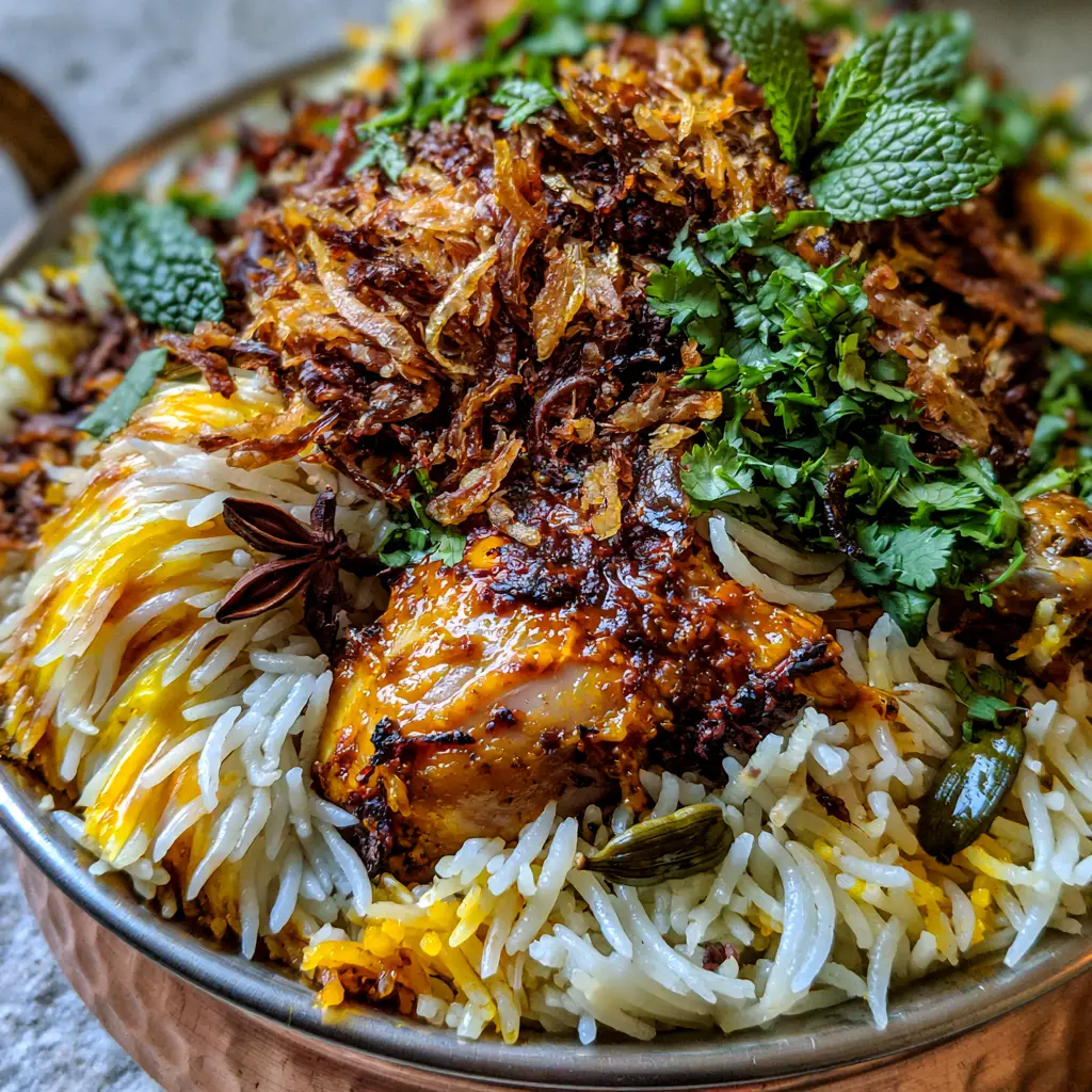 Hyderabadi Biryani: An Authentic Chicken Dum Recipe for Visual Perfection 1 Close up of succulent chicken drumsticks with dark orange masala peeking through fluffy biryani rice. (Hyderabadi Biryani)
