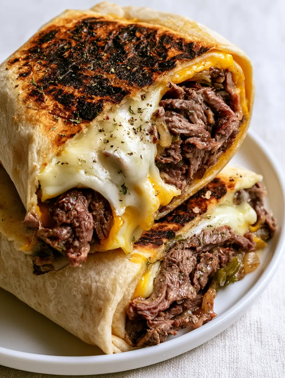 Close-up macro shot of Philly cheesesteak grilled wraps with dark char marks and dripping melted cheese. (philly cheesesteak grilled wraps)