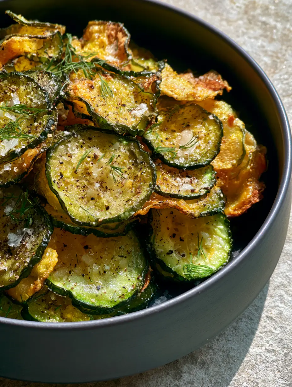 Close-up of oven baked cucumber chips showing translucent green centers and golden curled ridges with salt flakes.