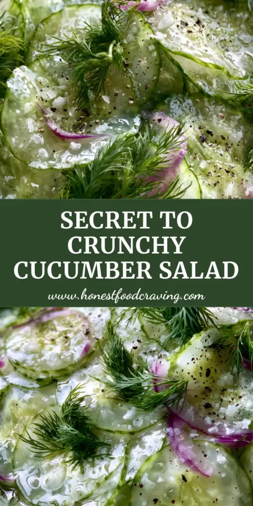 Hero shot of a white ceramic bowl filled with translucent vinegar cucumber salad, topped with fresh dill and red onion slivers on an oak surface.