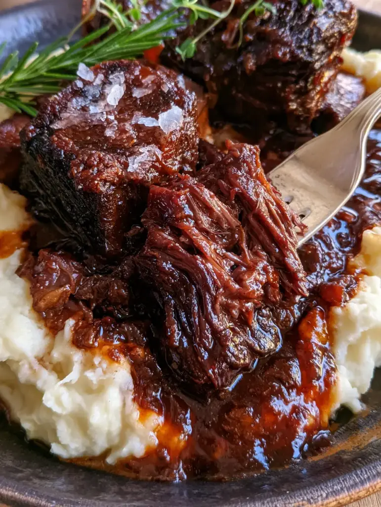 Beef Dinner Recipes: Red Wine Braised Short Ribs with Buttery Mash 2 Extreme close-up of dark mahogany red wine reduction sauce coating marbled beef fibers. (Beef dinner recipes)