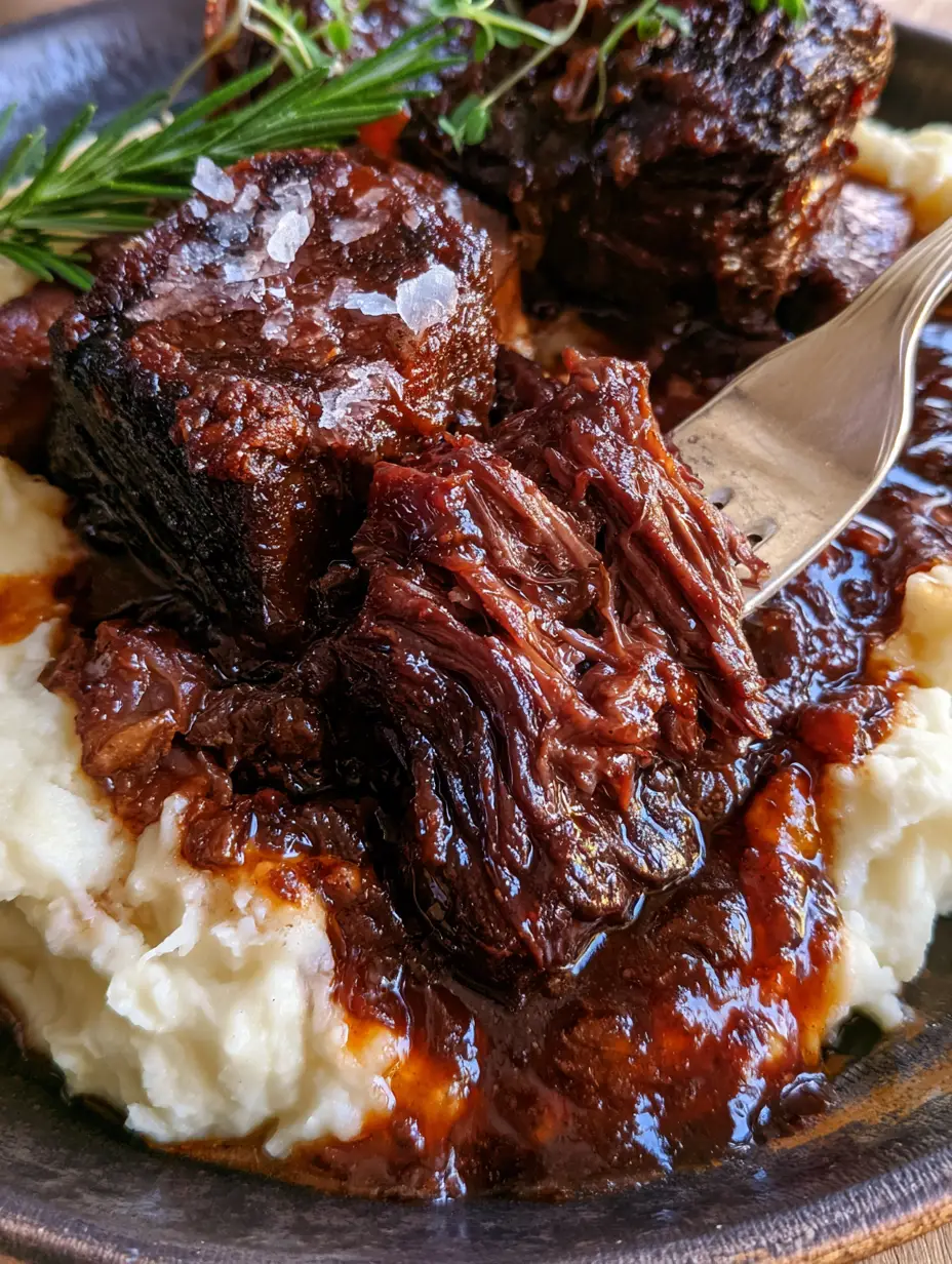 Beef Dinner Recipes: Red Wine Braised Short Ribs with Buttery Mash 3 Extreme close-up of dark mahogany red wine reduction sauce coating marbled beef fibers. (Beef dinner recipes)